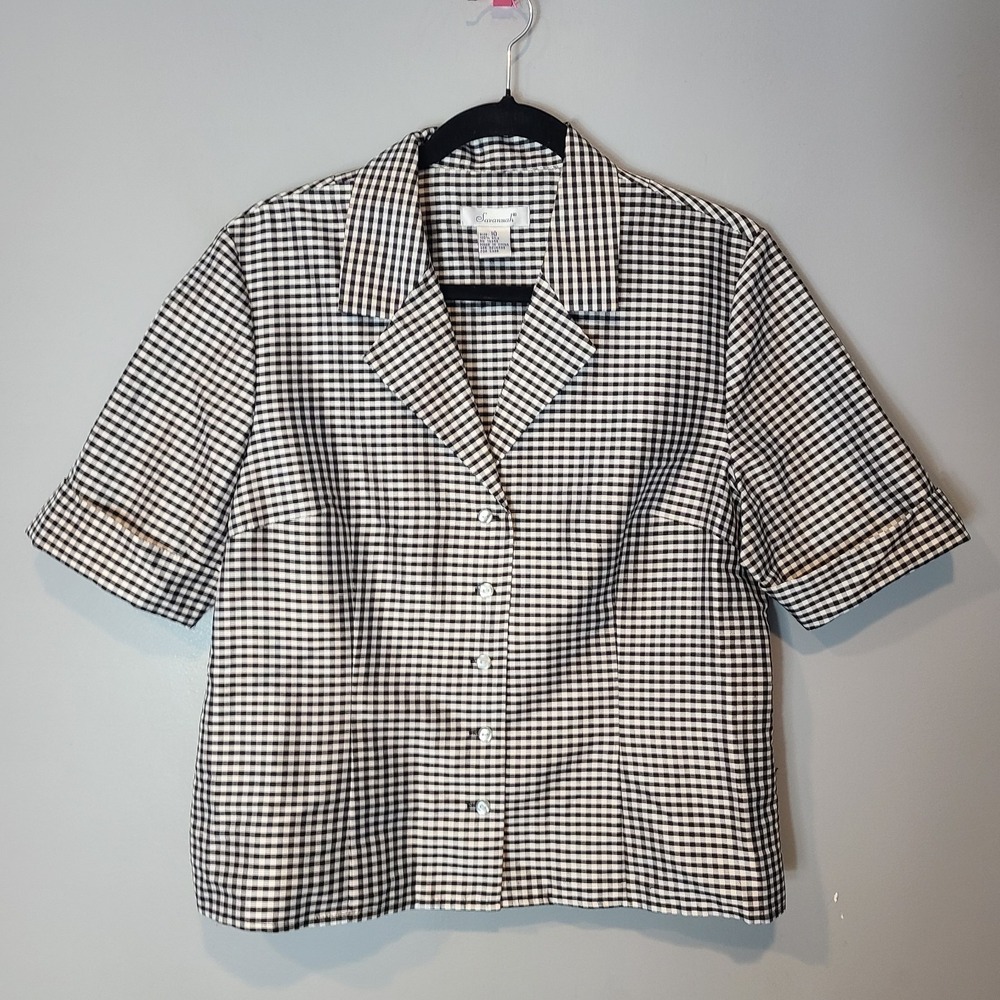 Vtg Womens Silk Button Down Top Tailored Gingham Euro Summer Old Money Preppy 10